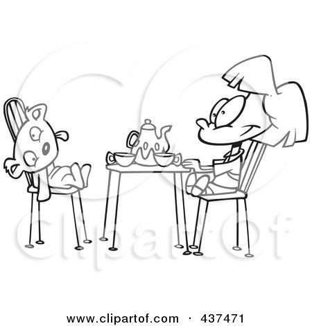 Royalty-Free (RF) Clip Art Illustration of a Black And White Outline Design Of A Girl Having A Tea Party With Her Teddy Bear by toonaday
