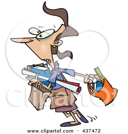 Royalty-Free (RF) Clip Art Illustration of a Cartoon Teacher Carrying A Lot Of Items To Her Class by toonaday