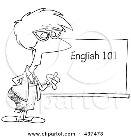 Royalty-Free (RF) Clip Art Illustration of a Black And White Outline Design Of An English 101 Teacher Standing By A Chalk Board by toonaday