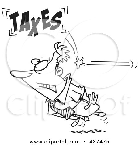 Royalty-Free (RF) Clip Art Illustration of a Black And White Outline Design Of A Businessman Being Hit From Behind With Taxes by toonaday