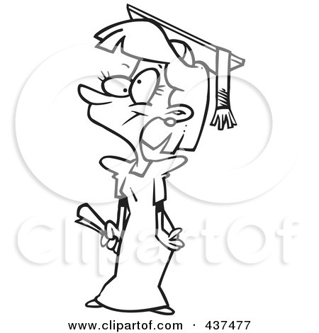 Royalty-Free (RF) Clip Art Illustration of a Black And White Outline Design Of A Teen Girl Graduate by toonaday