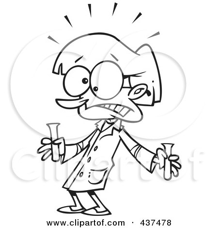 Royalty-Free (RF) Clip Art Illustration of a Black And White Outline Design Of A Scared Science Teacher Holding Test Tubes by toonaday