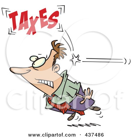 Royalty-Free (RF) Clip Art Illustration of a Cartoon Businessman Being Hit From Behind With Taxes by toonaday