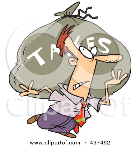 Royalty-Free (RF) Clip Art Illustration of a Cartoon Businessman Carrying A Huge Bag Of Money For Taxes by toonaday
