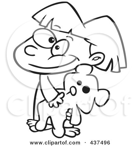 Royalty-Free (RF) Clip Art Illustration of a Black And White Outline Design Of A Happy Girl Carrying Her Teddy Bear by toonaday