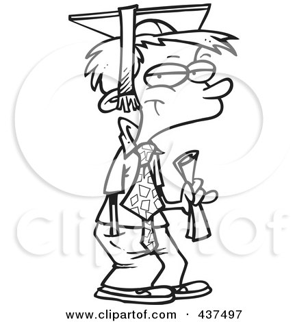 Royalty-Free (RF) Clip Art Illustration of a Black And White Outline Design Of A Teen Boy Graduate by toonaday
