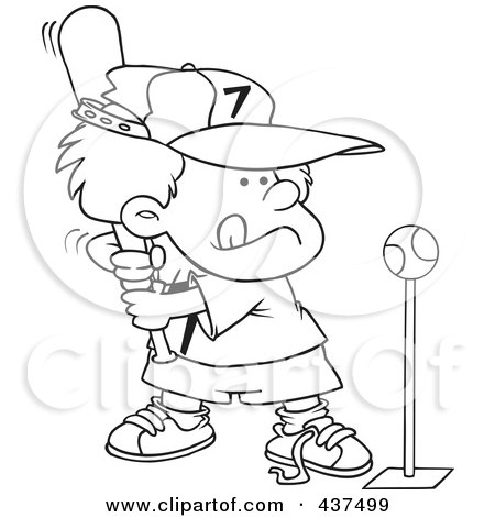 Royalty-Free (RF) Clip Art Illustration of a Black And White Outline Design Of A Boy Playing Tee Ball by toonaday