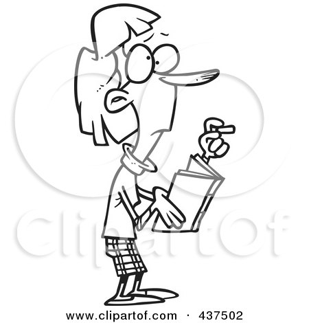 Royalty-Free (RF) Clip Art Illustration of a Black And White Outline Design Of A Skinny Female Teacher Holding A Book And Chalk by toonaday