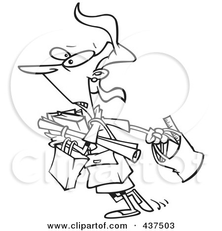 Royalty-Free (RF) Clip Art Illustration of a Black And White Outline Design Of A Teacher Carrying A Lot Of Items To Her Class by toonaday