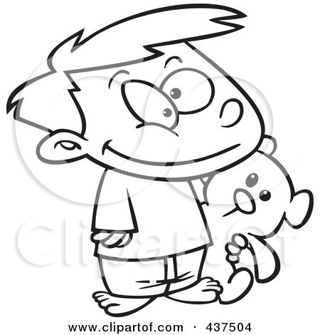Royalty-Free (RF) Clip Art Illustration of a Black And White Outline Design Of A Happy Boy Carrying His Teddy Bear by toonaday