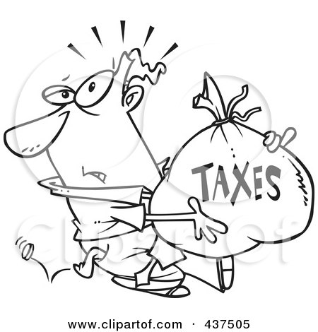 Royalty-Free (RF) Clip Art Illustration of a Black And White Outline Design Of A Businessman Being Hit With Extra Taxes And Carrying A Money Bag by toonaday