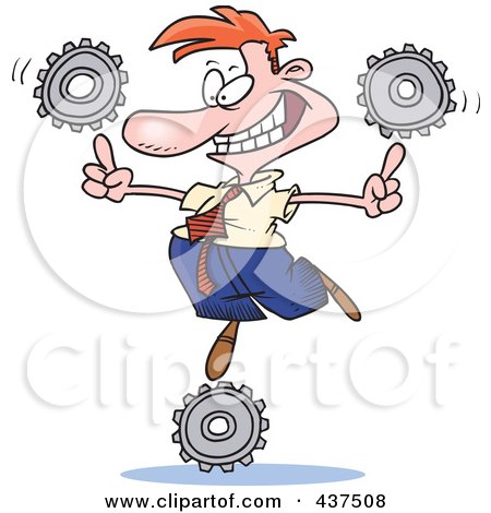 Royalty-Free (RF) Clip Art Illustration of a Cartoon Businessman Balancing Technology Gears by toonaday
