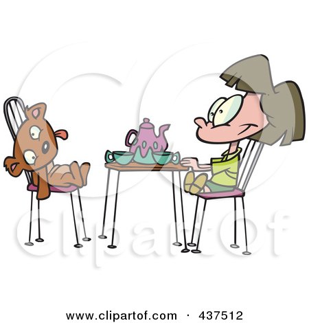 Royalty-Free (RF) Clip Art Illustration of a Cartoon Girl Having A Tea Party With Her Teddy Bear by toonaday