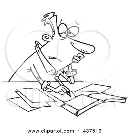 Royalty-Free (RF) Clip Art Illustration of a Black And White Outline Design Of A Stressed Businessman Doing His Taxes by toonaday