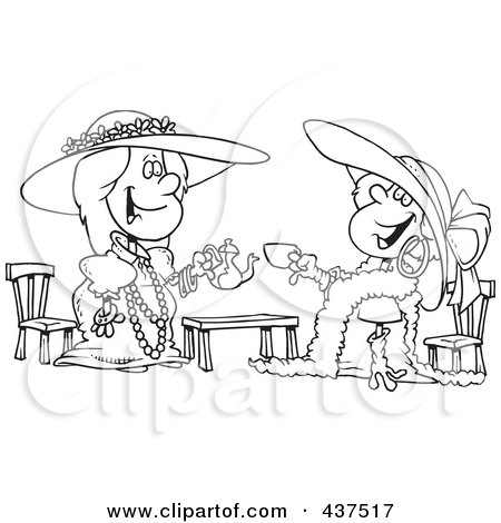 Royalty-Free (RF) Clip Art Illustration of a Black And White Outline Design Of Happy Girls Playing Dress Up At Tea Time by toonaday