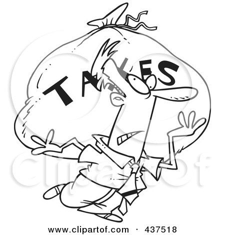 Royalty-Free (RF) Clip Art Illustration of a Black And White Outline Design Of A Businessman Carrying A Huge Bag Of Money For Taxes by toonaday