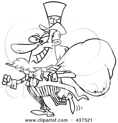 Royalty-Free (RF) Clip Art Illustration of a Black And White Outline Design Of Uncle Sam Grinning And Carrying A Money Bag Over His Shoulder by toonaday