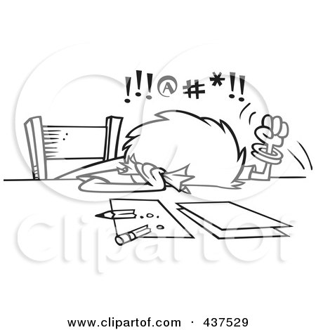 Royalty-Free (RF) Clip Art Illustration of a Black And White Outline Design Of A Cursing Woman Trying To Prepare Her Taxes by toonaday