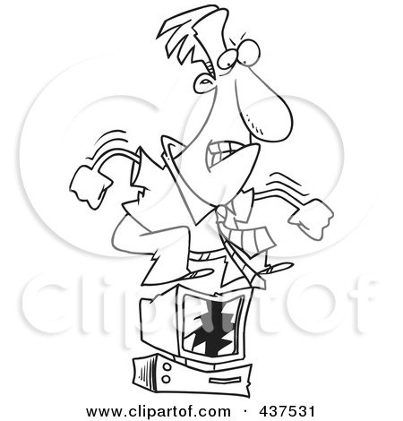 Royalty-Free (RF) Clip Art Illustration of a Black And White Outline Design Of A Stressed Businessman Jumping On His Computer by toonaday