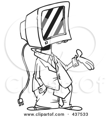 Royalty-Free (RF) Clip Art Illustration of a Black And White Outline Design Of A Businessman With A Computer Head by toonaday