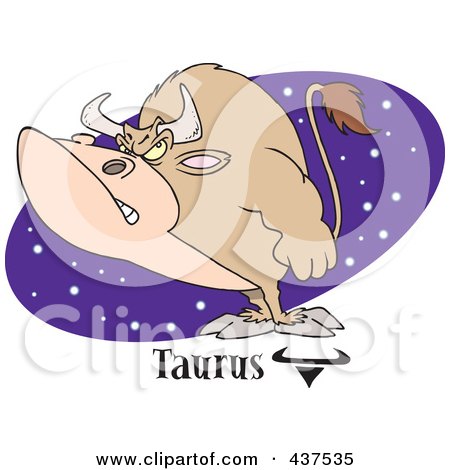 Royalty-Free (RF) Clip Art Illustration of a Taurus Bull Over A Purple Starry Oval by toonaday