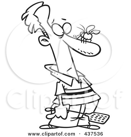 Royalty-Free (RF) Clip Art Illustration of a Black And White Outline Design Of A Man About To Whack A Fly On His Nose by toonaday