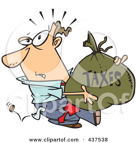 Royalty-Free (RF) Clip Art Illustration of a Cartoon Businessman Being Hit With Extra Taxes And Carrying A Money Bag by toonaday
