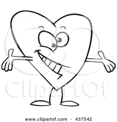 Royalty-Free (RF) Clip Art Illustration of a Black And White Outline Design Of A Surprising Heart With Open Arms by toonaday
