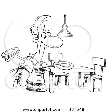 Royalty-Free (RF) Clip Art Illustration of a Black And White Outline Design Of A Happy Stay At Home Dad Setting The Dinner Table by toonaday