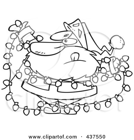Royalty-Free (RF) Clip Art Illustration of a Black And White Outline Design Of Santa Tangled In Christmas Lights by toonaday
