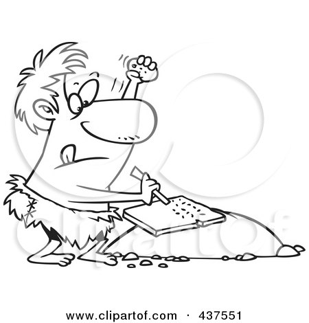 Royalty-Free (RF) Clip Art Illustration of a Black And White Outline Design Of A Prehistoric Man Chiseling A Tablet by toonaday
