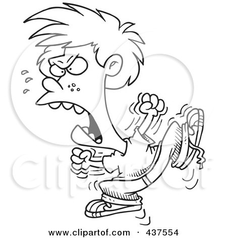 Royalty-Free (RF) Clip Art Illustration of a Black And White Outline Design Of A Boy Throwing A Temper Tantrum by toonaday
