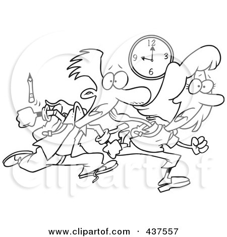 Royalty-Free (RF) Clip Art Illustration of a Black And White Outline Design Of A Tardy School Boy And Girl Racing To Class by toonaday