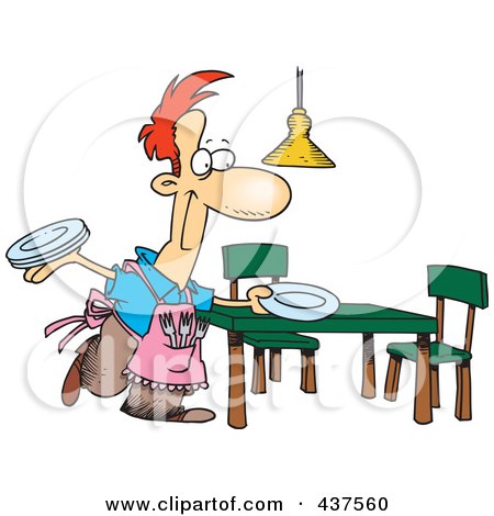 Royalty-Free (RF) Clip Art Illustration of a Happy Stay At Home Dad Setting The Dinner Table by toonaday