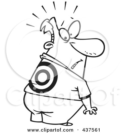 Royalty-Free (RF) Clip Art Illustration of a Black And White Outline Design Of A Man Looking At A Target On His Back by toonaday