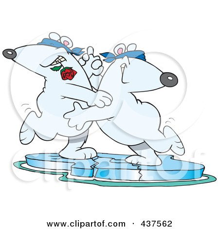 Royalty-Free (RF) Clip Art Illustration of a Cartoon Romantic Polar Bear Couple Dancing The Tango On Ice by toonaday