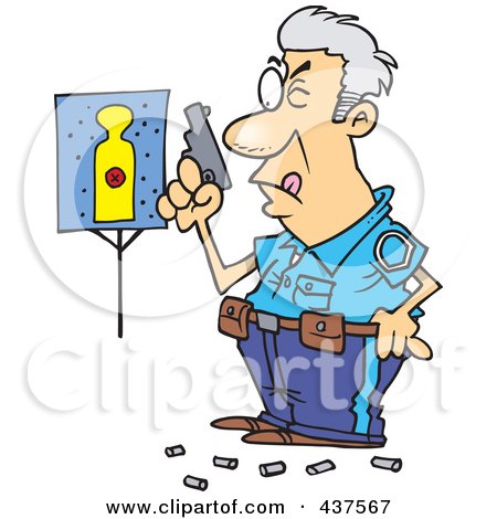 Royalty-Free (RF) Clip Art Illustration of a Cartoon Police Officer In Training, Shooting At Close Range And Missing His Target by toonaday