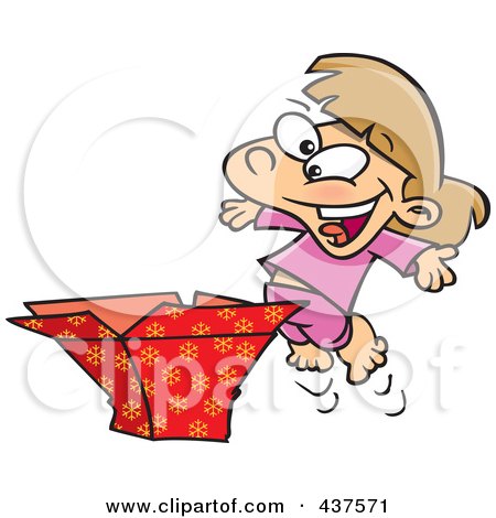 Royalty-Free (RF) Clip Art Illustration of a Happy Girl Opening A Christmas Gift by toonaday
