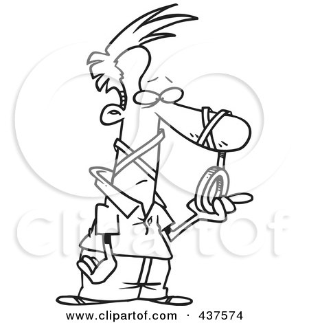 Royalty-Free (RF) Clip Art Illustration of a Black And White Outline Design Of A Man Tangled In Tape by toonaday