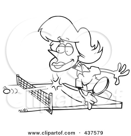 Royalty-Free (RF) Clip Art Illustration of a Black And White Outline Design Of A Woman Playing Table Tennis by toonaday