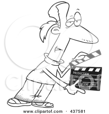 Royalty-Free (RF) Clip Art Illustration of a Black And White Outline Design Of A Man Presenting Take 2 With A Clapper by toonaday