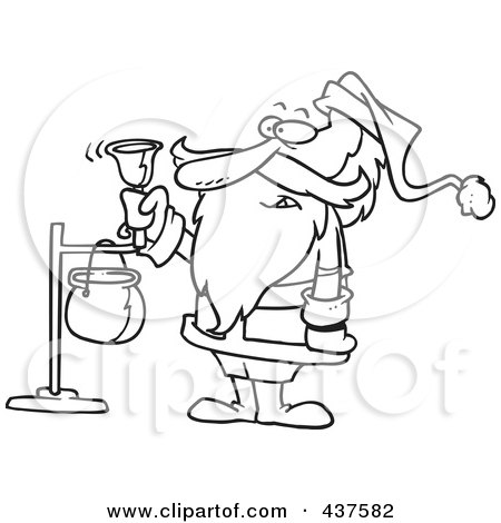 Royalty-Free (RF) Clip Art Illustration of a Black And White Outline Design Of Santa Ringing A Charity Bell by toonaday