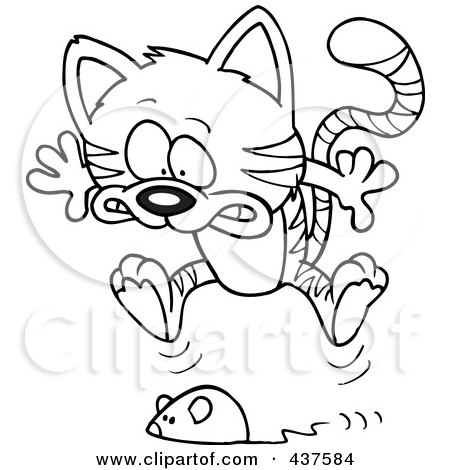 Royalty-Free (RF) Clip Art Illustration of a Black And White Outline Design Of A Toy Mouse Frightening A Tabby Cat by toonaday