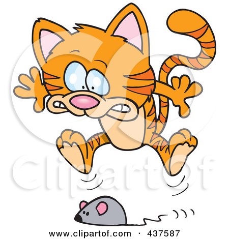 Royalty-Free (RF) Clip Art Illustration of a Toy Mouse Frightening An Orange Tabby Cat by toonaday
