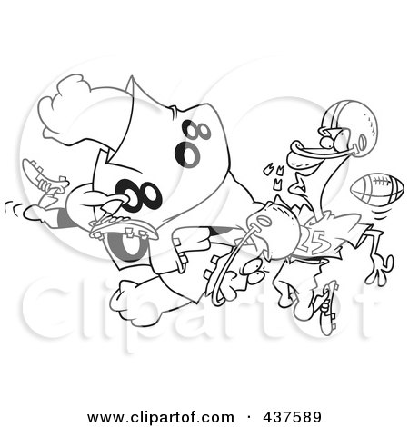 Royalty-Free (RF) Clip Art Illustration of a Black And White Outline Design Of A Football Player Tackling Another And Knocking Out His Teeth by toonaday