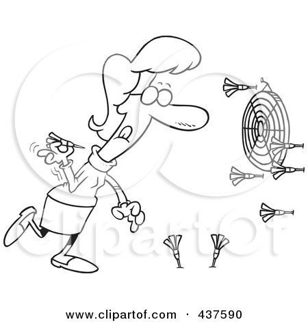 Royalty-Free (RF) Clip Art Illustration of a Black And White Outline Design Of A Woman Missing The Target While Throwing Darts by toonaday
