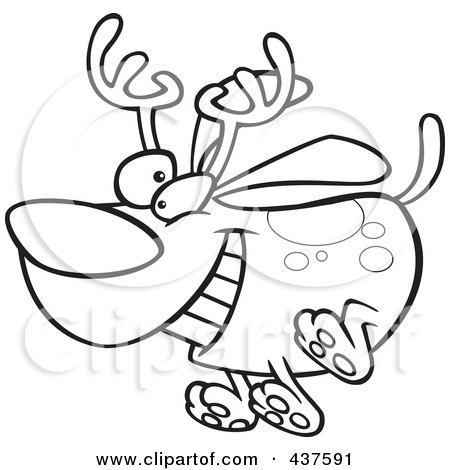 Royalty-Free (RF) Clip Art Illustration of a Black And White Outline Design Of A Christmas Dog Running And Wearing Antlers by toonaday