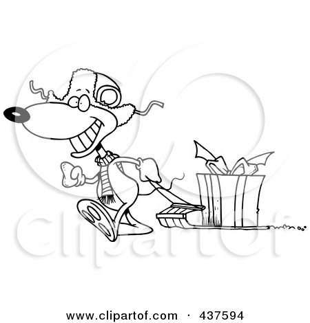 Royalty-Free (RF) Clip Art Illustration of a Black And White Outline Design Of A Mouse Pulling A Christmas Gift On A Sled by toonaday