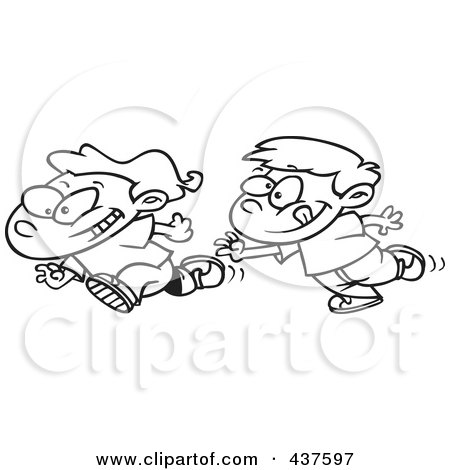 Royalty-Free (RF) Clip Art Illustration of a Black And White Outline Design Of Boys Playing Tag by toonaday