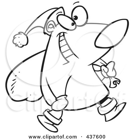 Royalty-Free (RF) Clip Art Illustration of a Black And White Outline Design Of A Santa Bear Carrying A Sack by toonaday